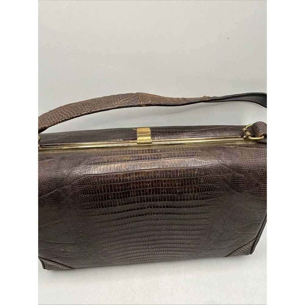 Vintage 1950's Alligator Lizard Brown Hand Bag Purse Gold Accents